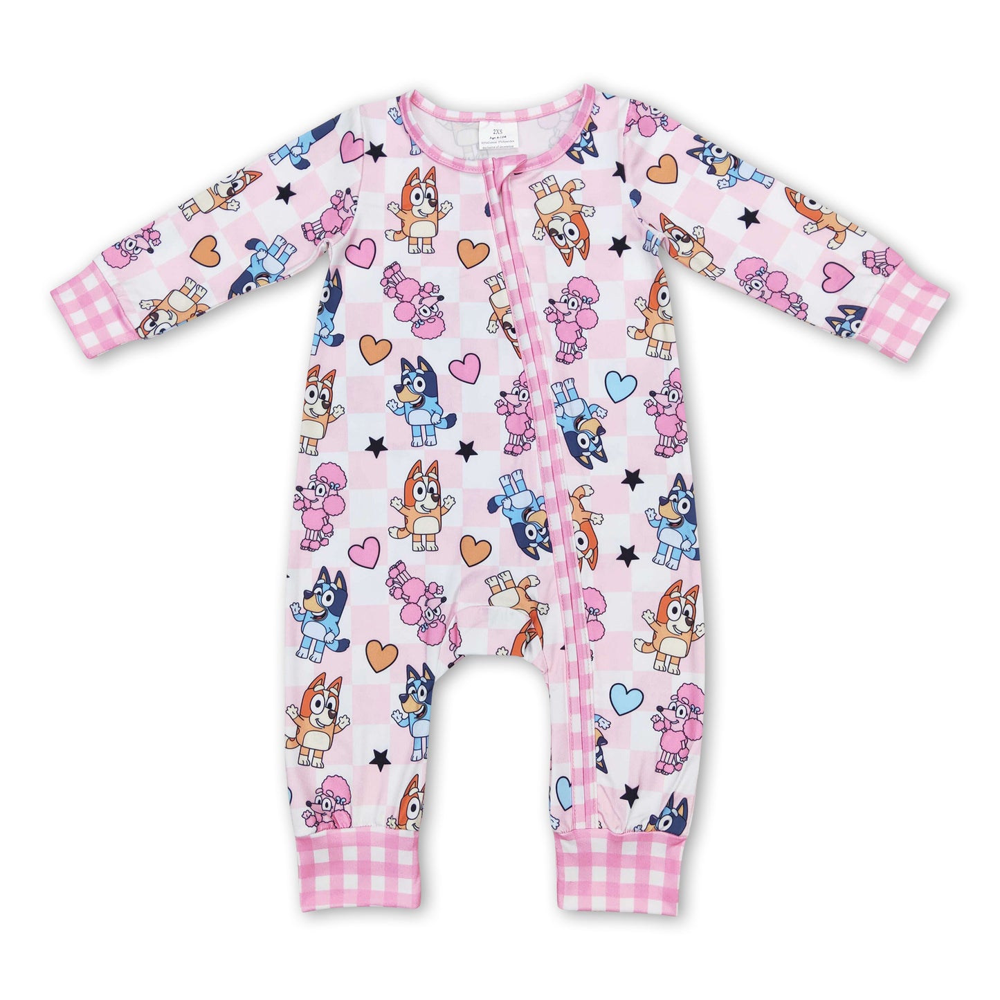 Pink heart plaid dogs baby girls valentines zipper romper