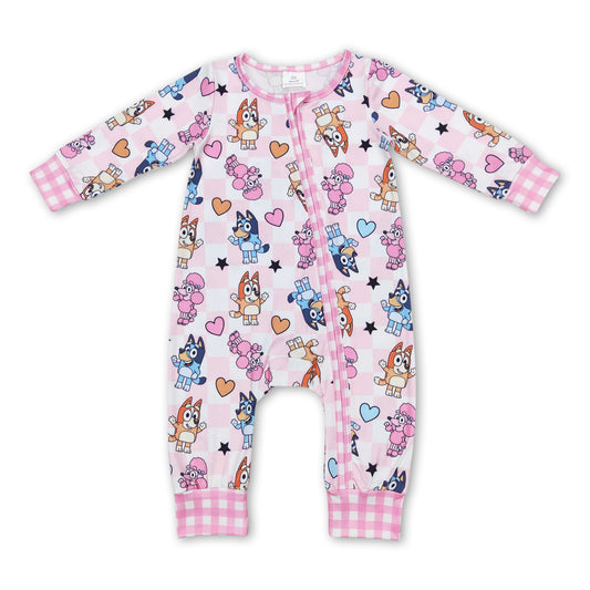 Pink heart plaid dogs baby girls valentines zipper romper