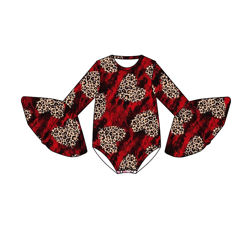 Red long sleeves leopard heart baby girls valentines romper