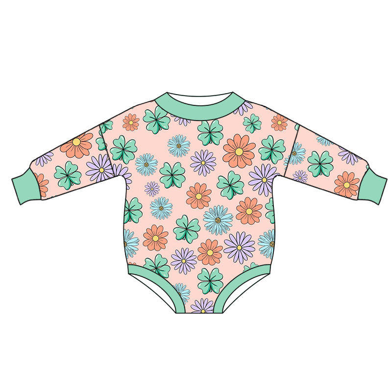 Long sleeves floral clover girls st patrick's day romper