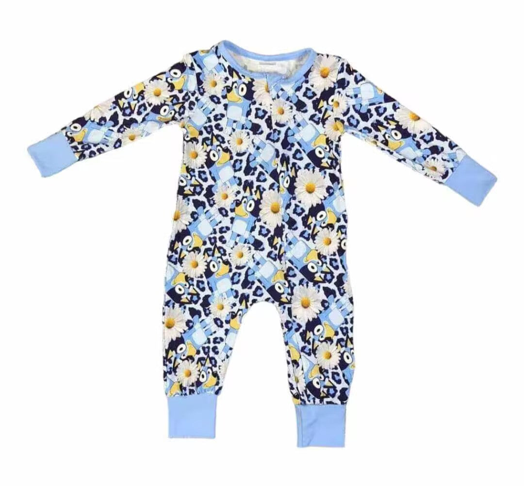 Blue leopard flower dog baby girls zipper romper