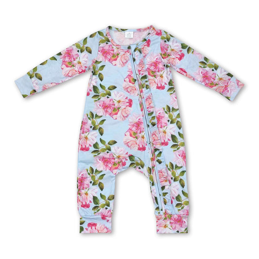 Long sleeves blue floral baby girls zipper romper