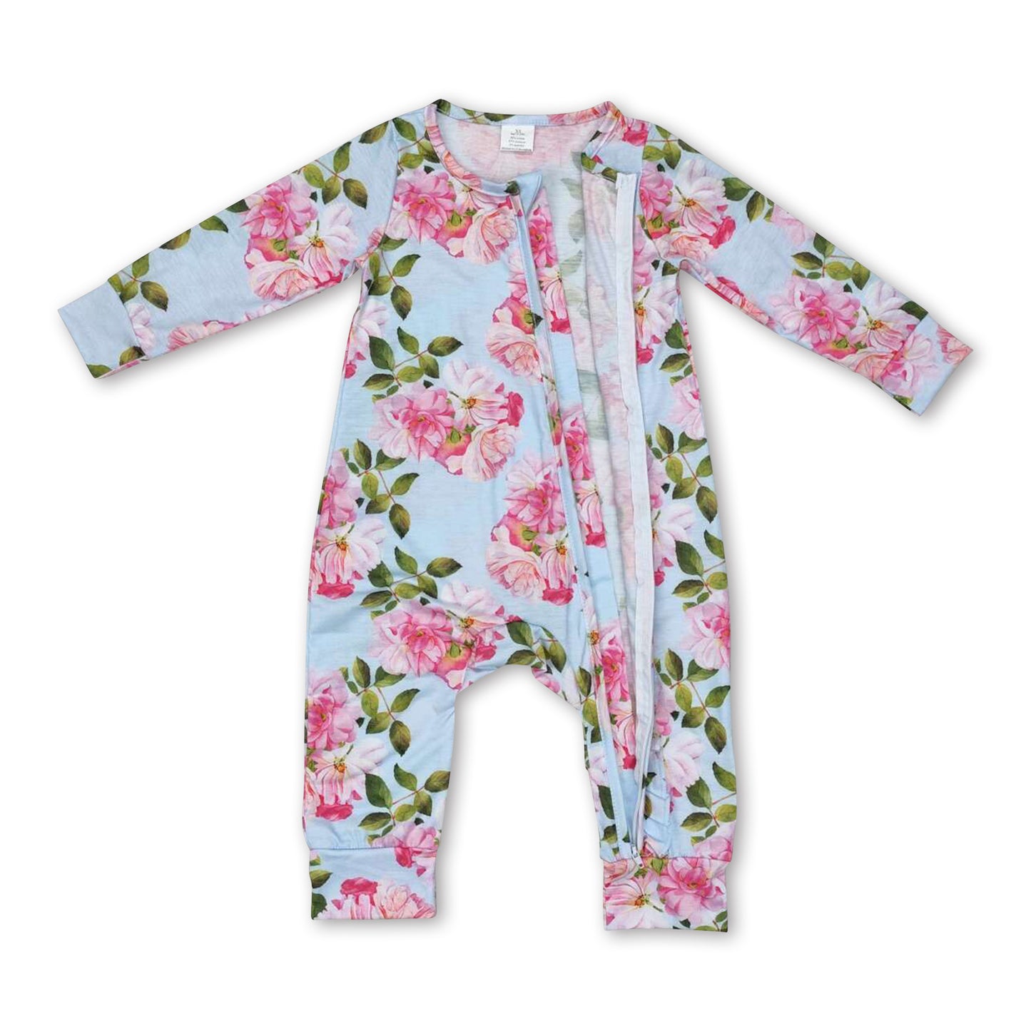 Long sleeves blue floral baby girls zipper romper