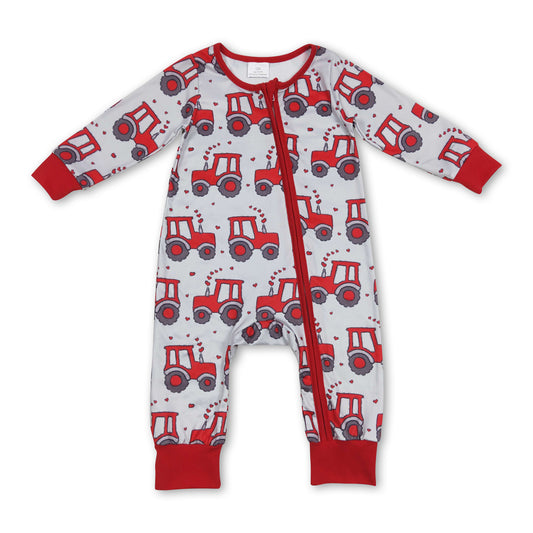 Red heart tractor baby boy valentine's day zipper romper