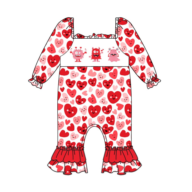 Long sleeves monster heart baby girls valentines romper