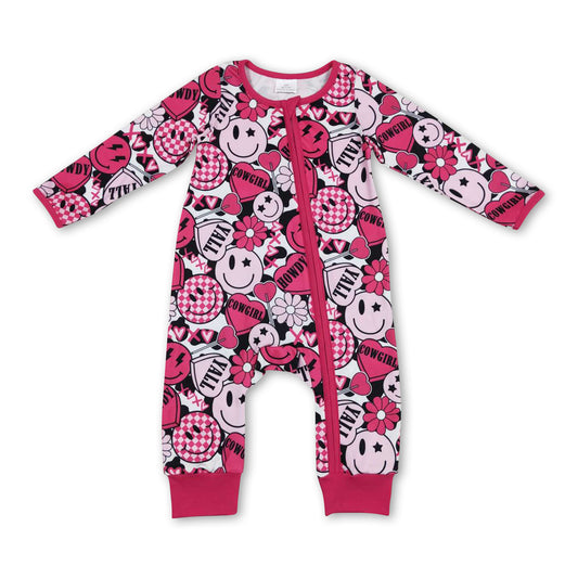 Cowgirl smile heart baby girls valentines zipper romper