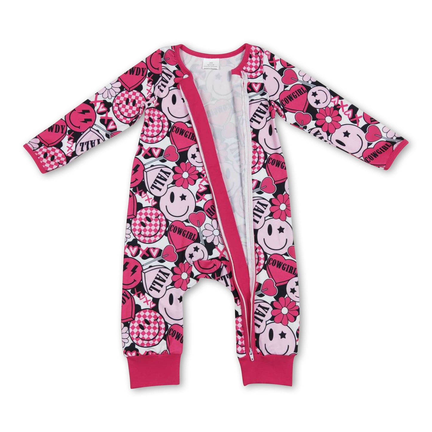 Cowgirl smile heart baby girls valentines zipper romper