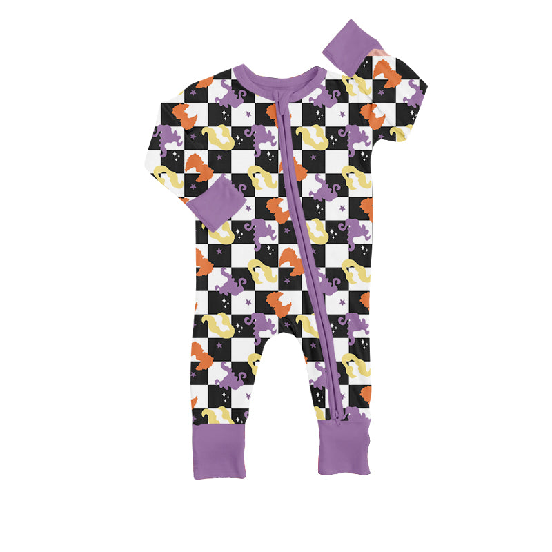 Long sleeves plaid witches baby girls Halloween zipper romper