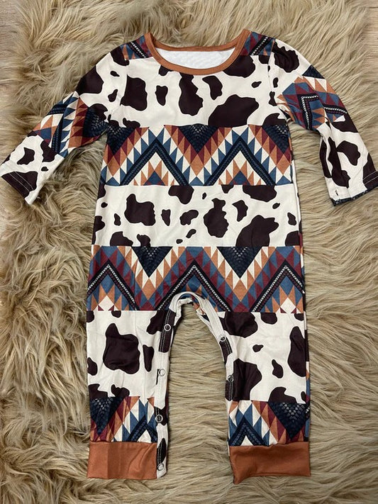 Long sleeves cow print aztec baby kids western romper