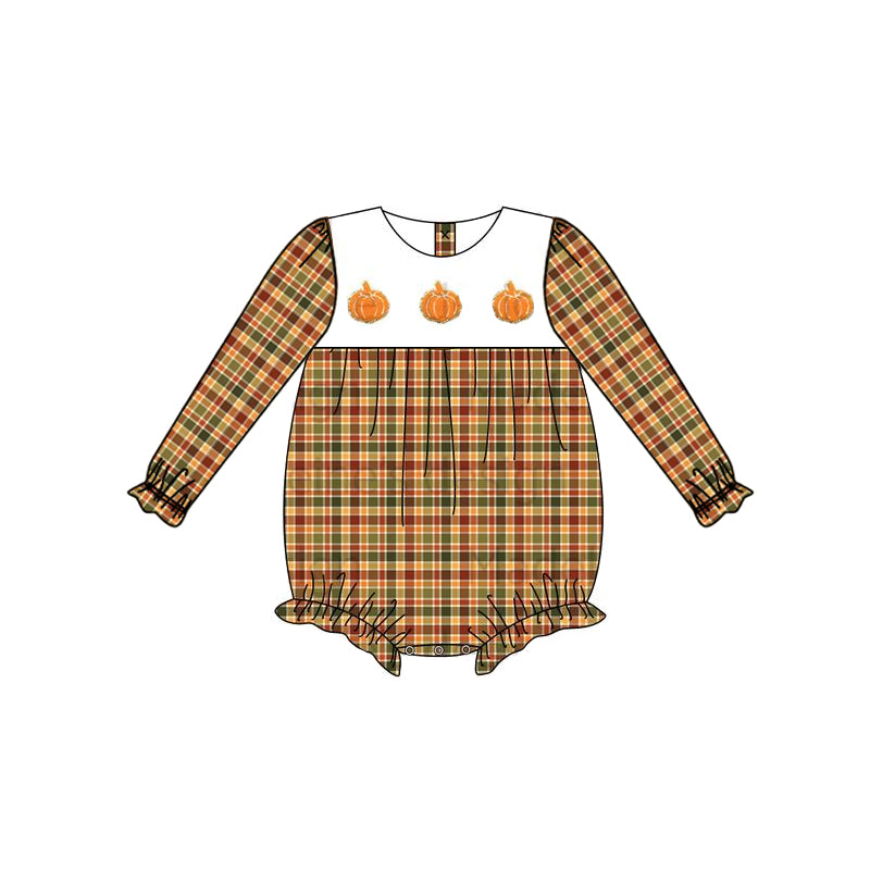 Long sleeves plaid pumpkin baby girls fall romper