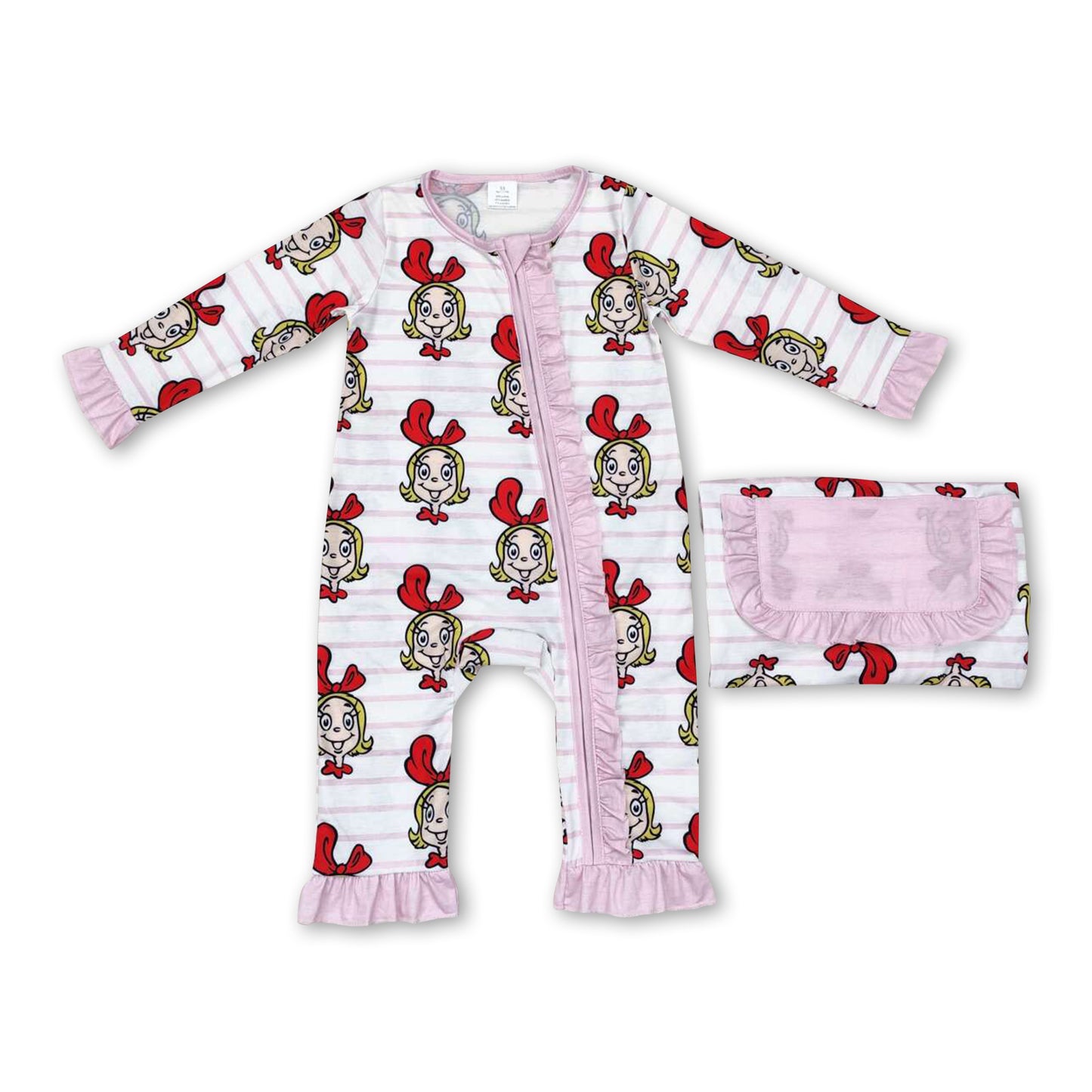 Pink stripe long sleeves baby girls Christmas zipper romper