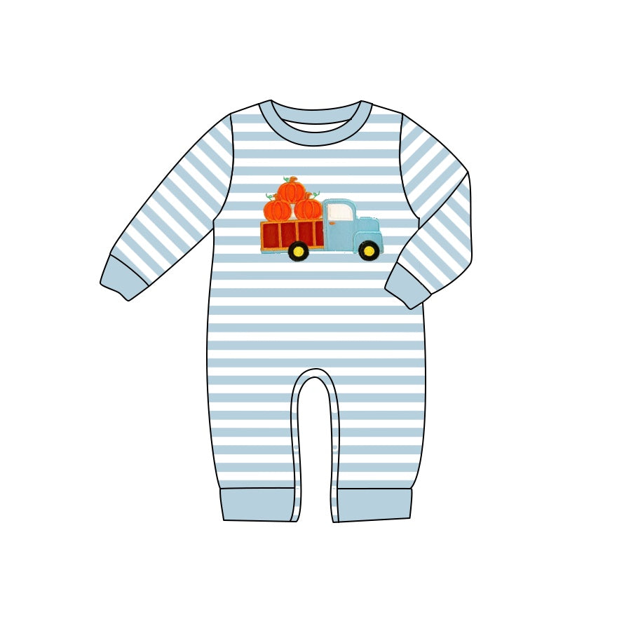 Long sleeves stripe pumpkin truck boy fall romper