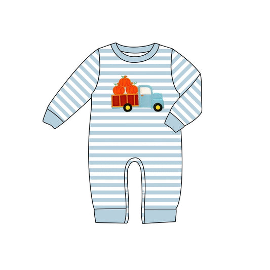 Long sleeves stripe pumpkin truck boy fall romper