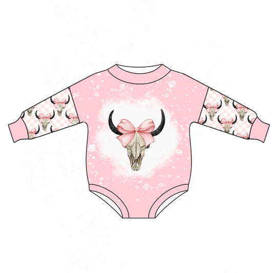 Long sleeves pink plaid bow cow baby girls romper