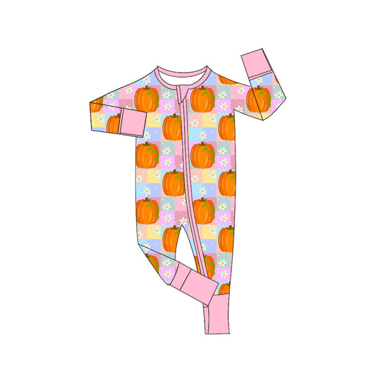 Long sleeves pink plaid pumpkin baby zipper fall romper