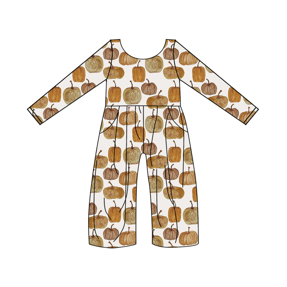 Long sleeves pumpkin pocket kids girls fall jumpsuit