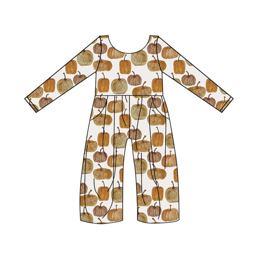 Long sleeves pumpkin pocket kids girls fall jumpsuit