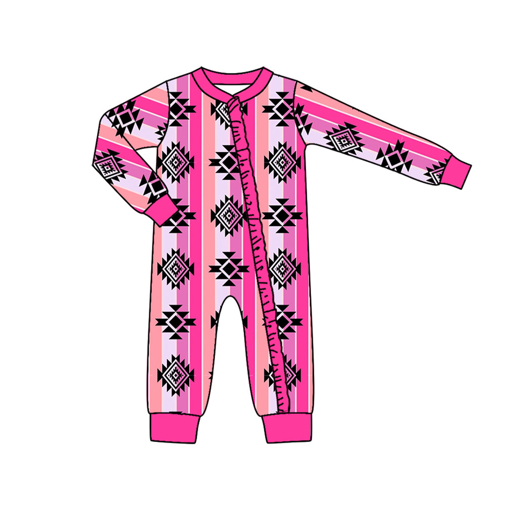 Long sleeves stripe aztec baby girls zipper romper