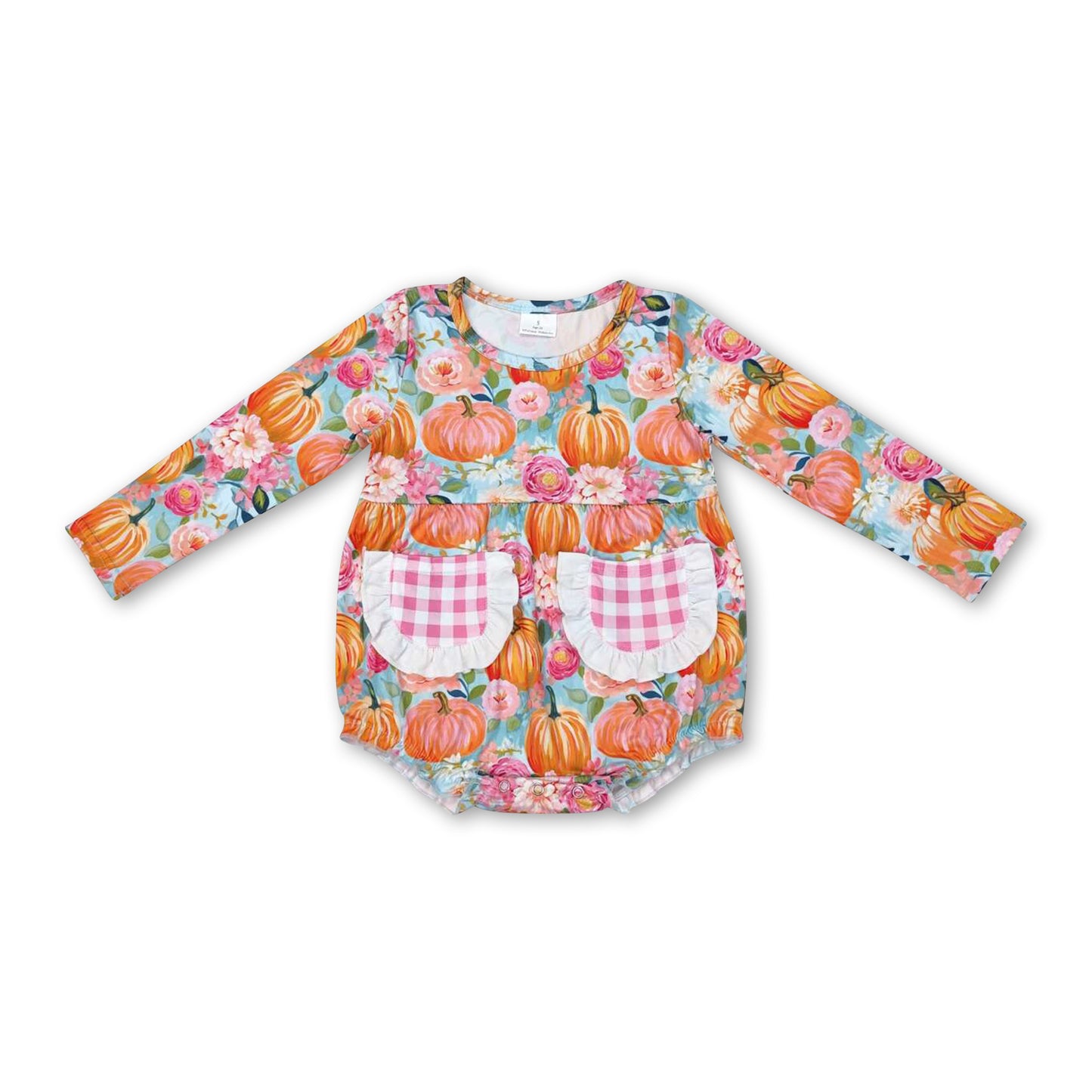 Long sleeves pumpkin floral plaid pockets baby fall romper