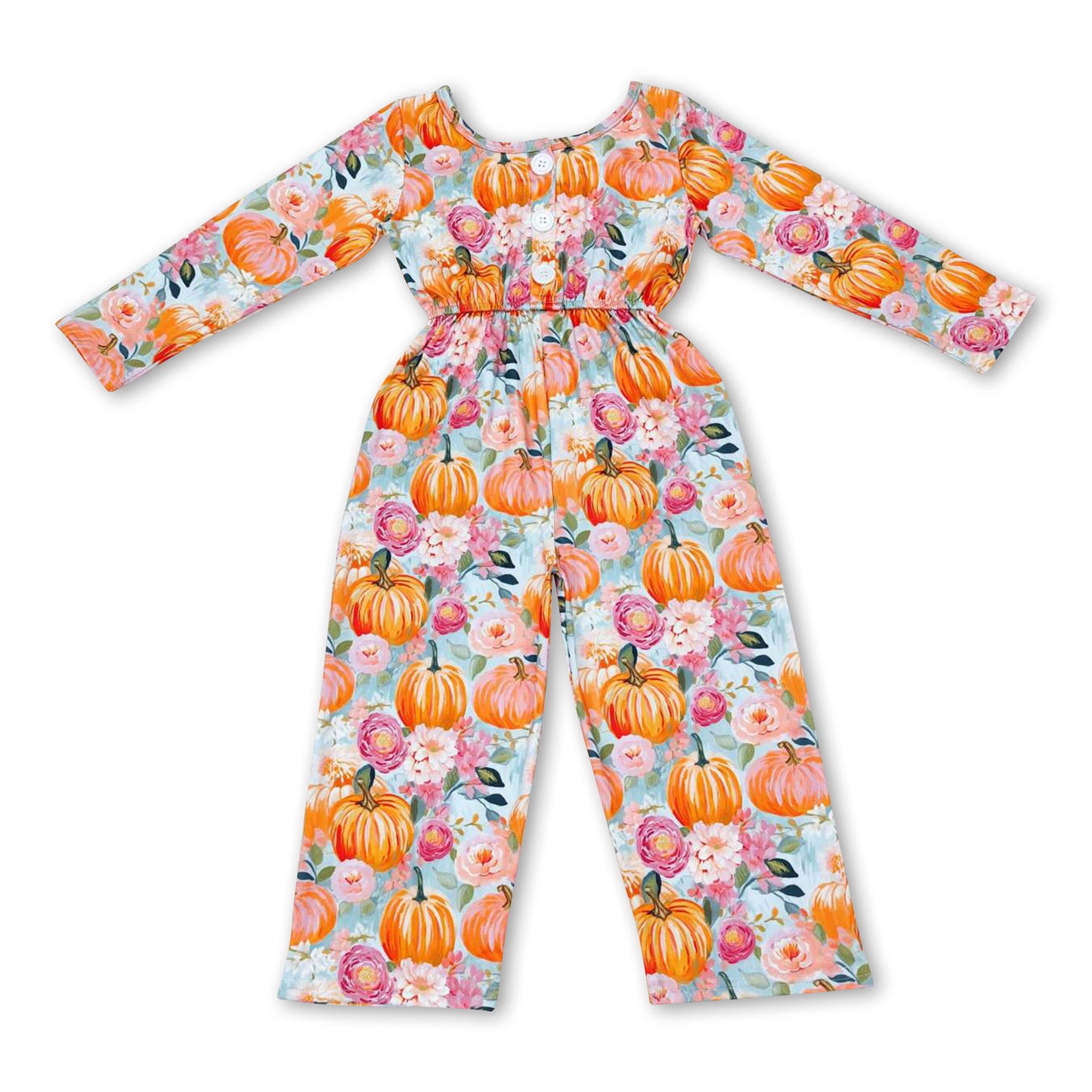 Long sleeves pumpkin floral pocket kids girls fall jumpsuit