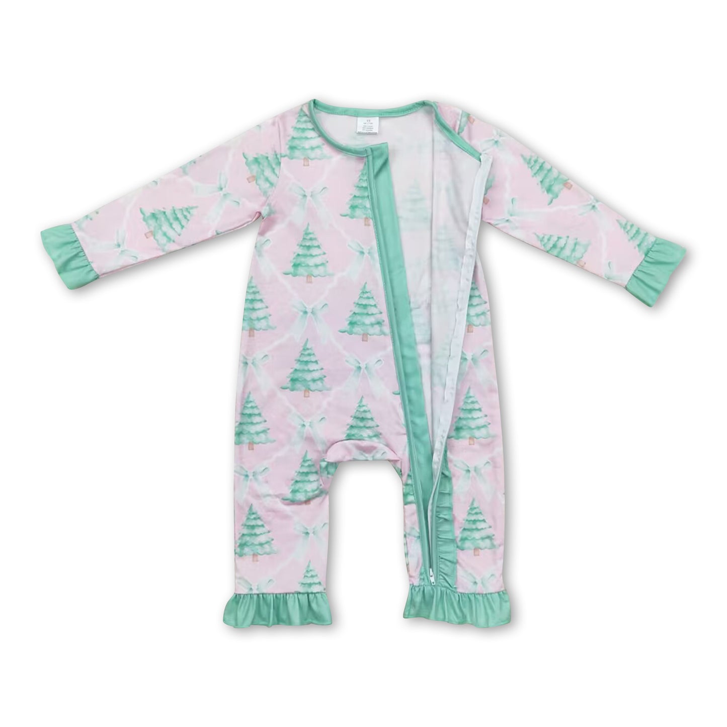 Long sleeves Christmas tree bow baby girls zipper romper