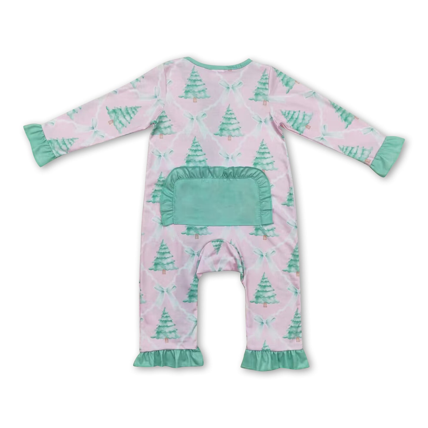 Long sleeves Christmas tree bow baby girls zipper romper