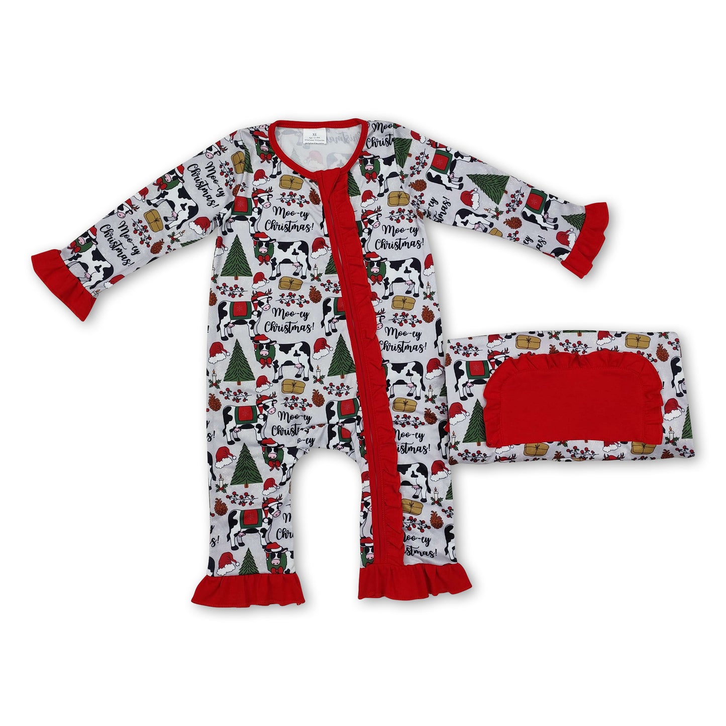 Long sleeves Christmas tree cows baby girls zipper romper