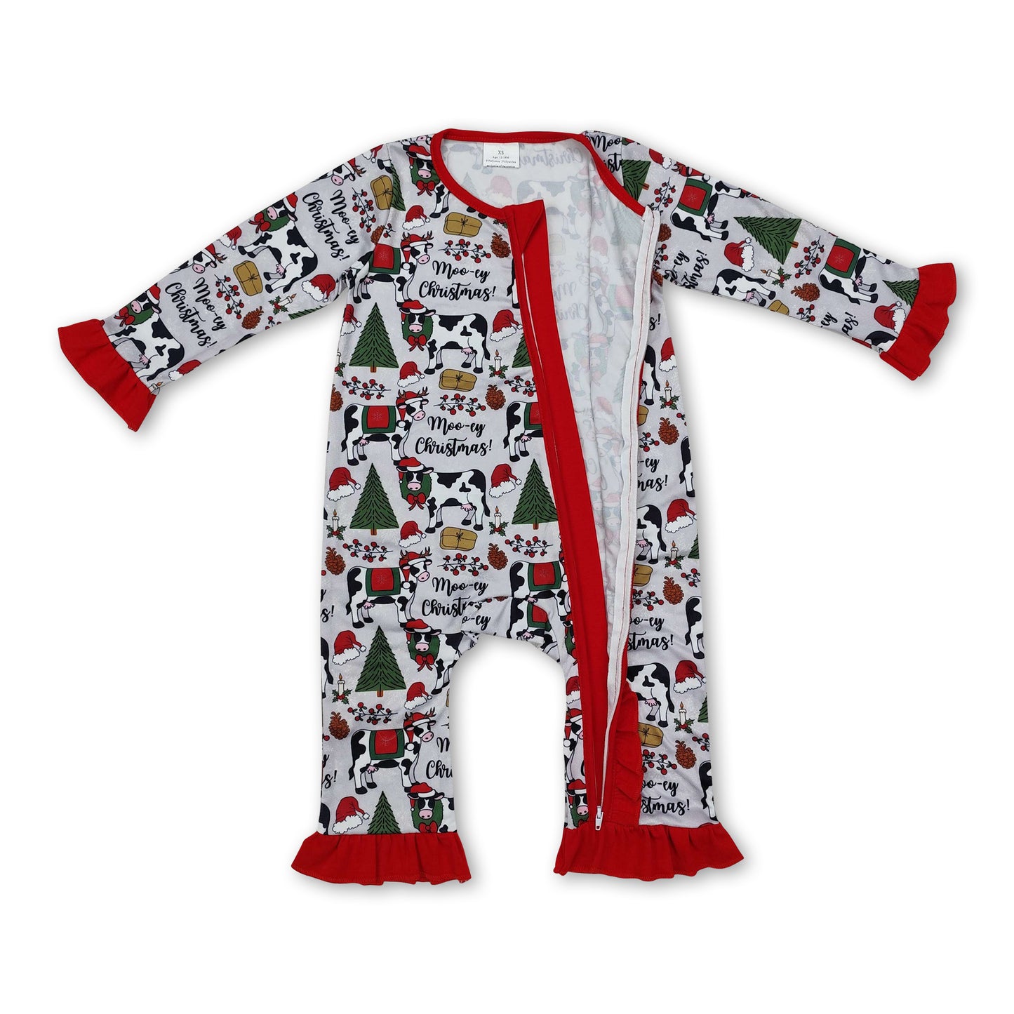 Long sleeves Christmas tree cows baby girls zipper romper