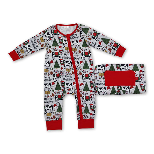 Long sleeves Christmas tree cows baby boys zipper romper