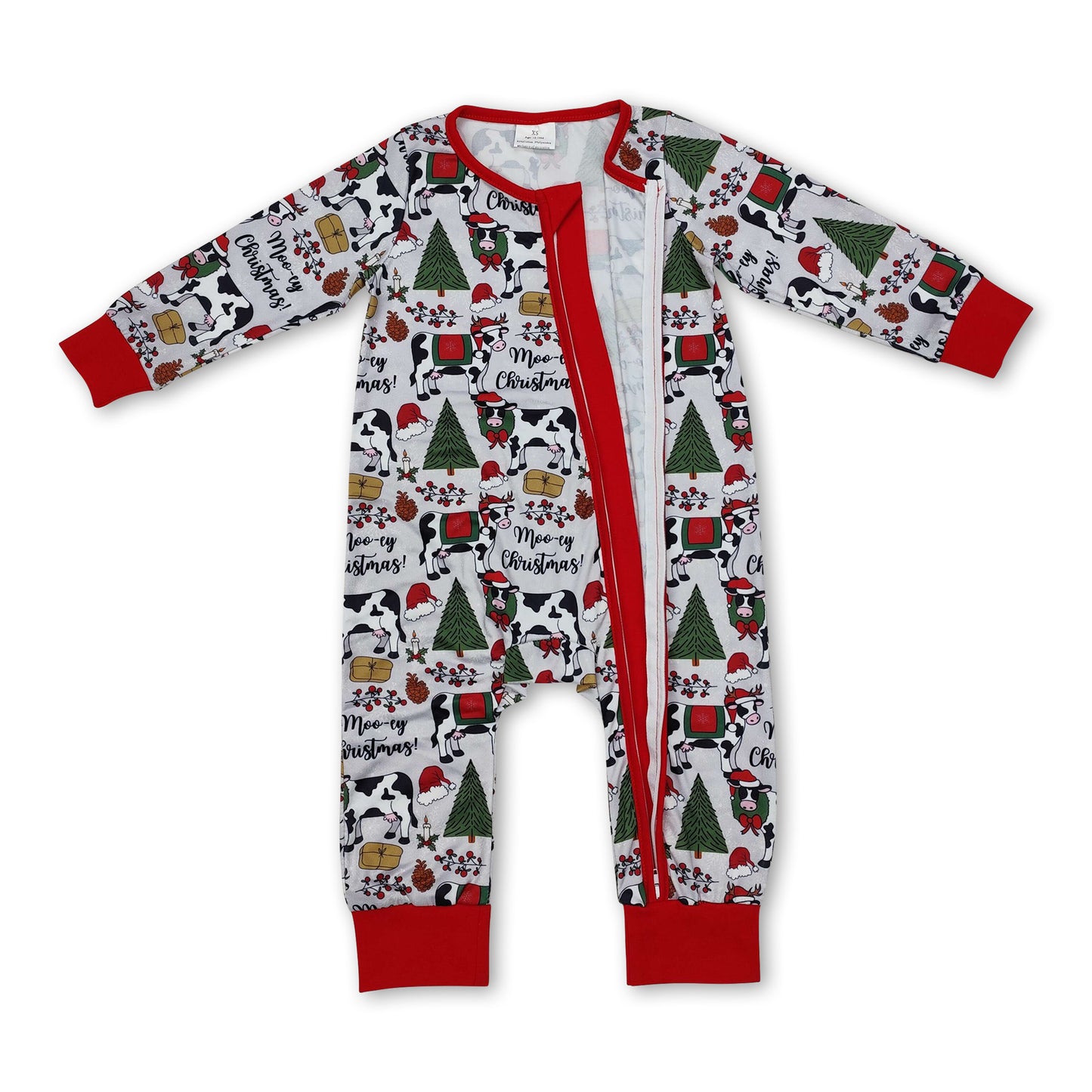 Long sleeves Christmas tree cows baby boys zipper romper