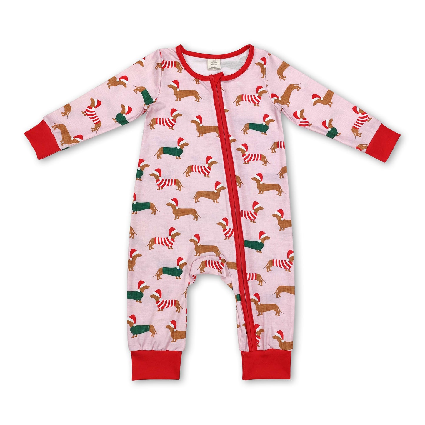 Long sleeves pink dog baby girls Christmas zipper romper