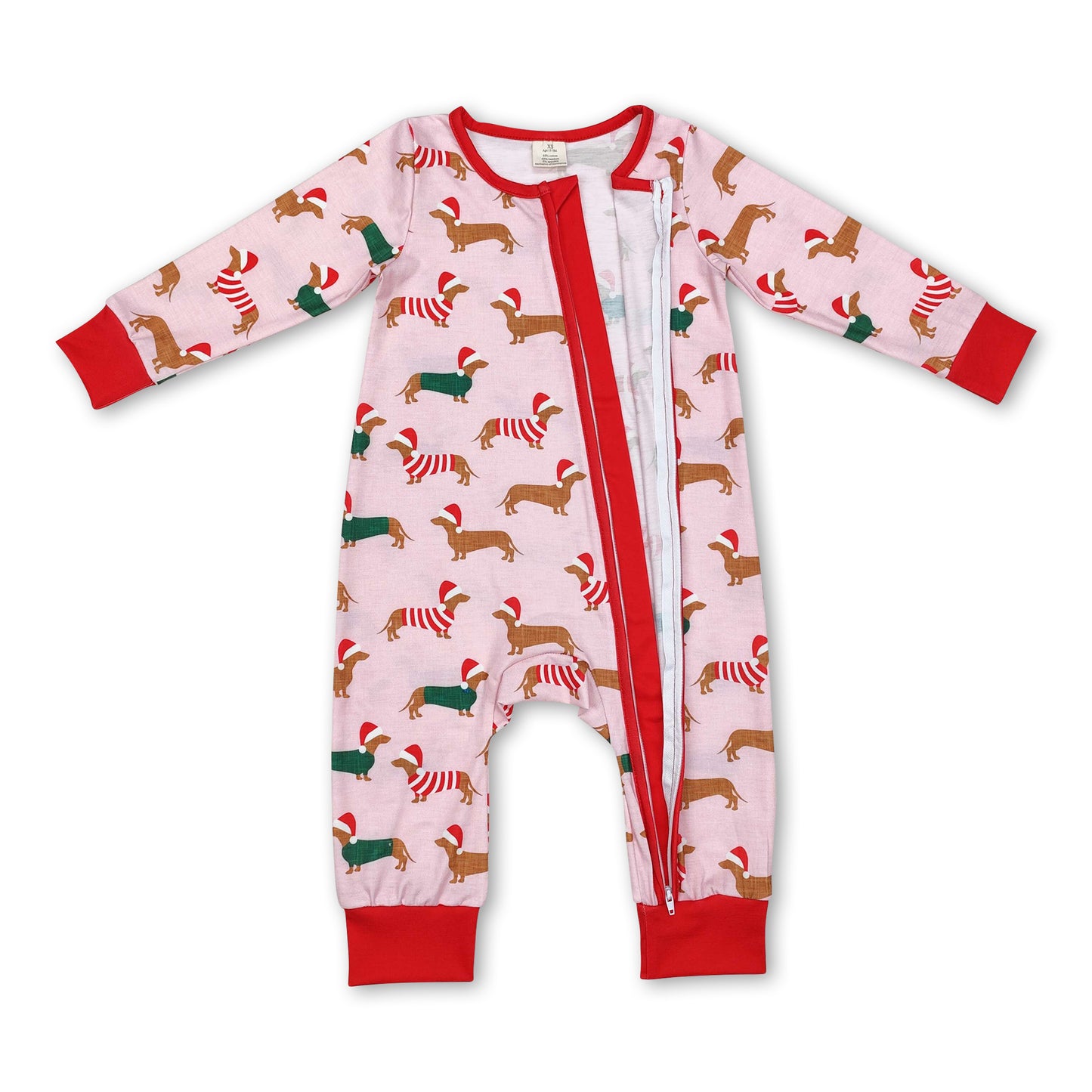 Long sleeves pink dog baby girls Christmas zipper romper