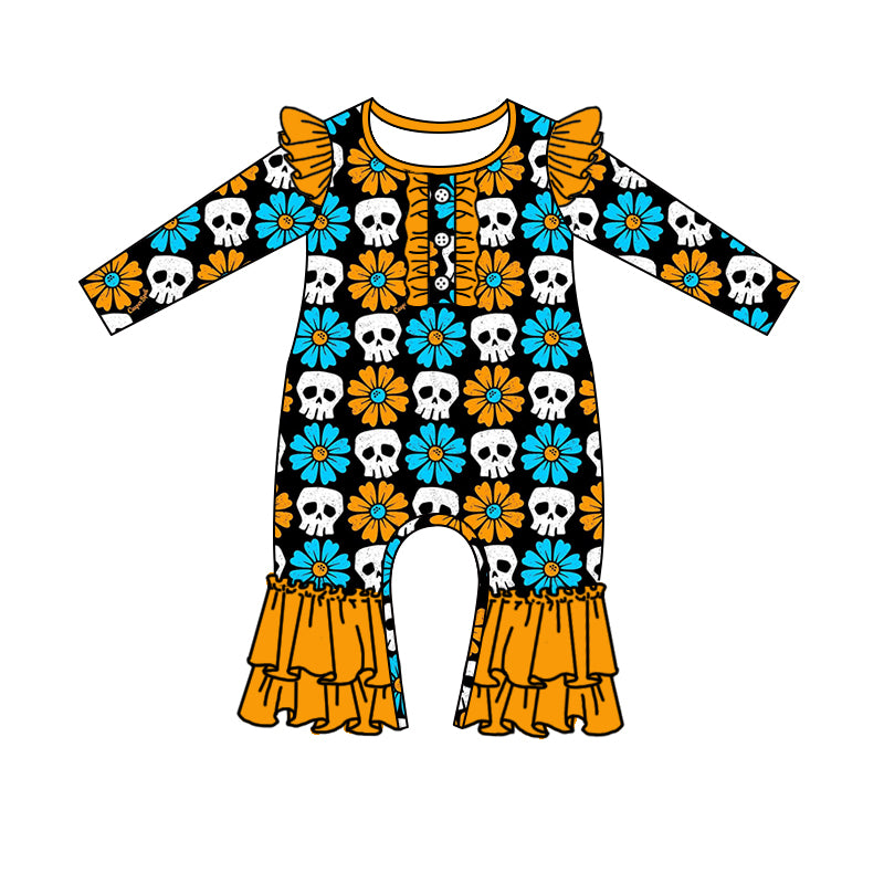 Long sleeves skull floral baby girls Halloween romper