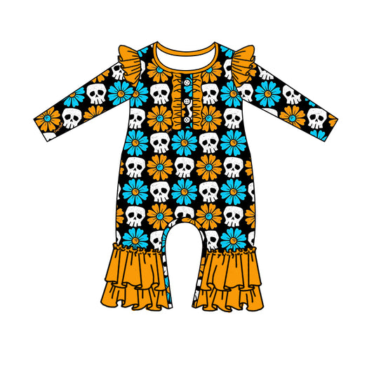 Long sleeves skull floral baby girls Halloween romper