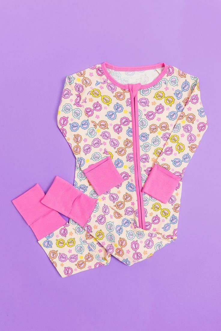 Long sleeves pink glasses baby girls zipper romper