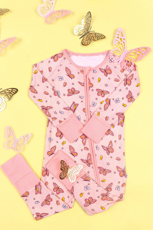 Pink butterfly long sleeves baby girls zipper romper