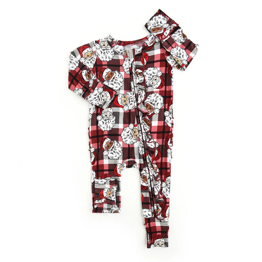 Plaid santa baby kids Christmas zipper romper