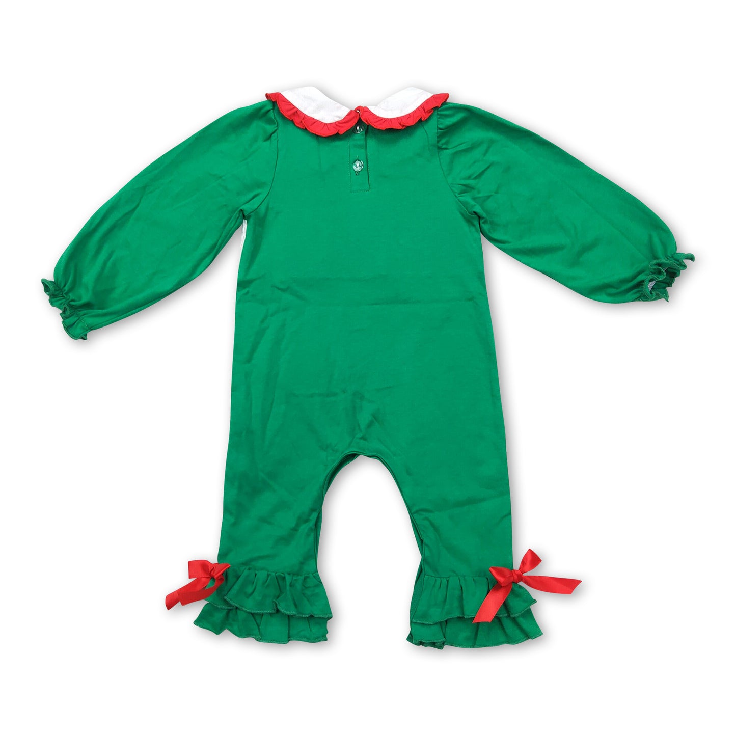 Green smocked Christmas tree baby girls romper