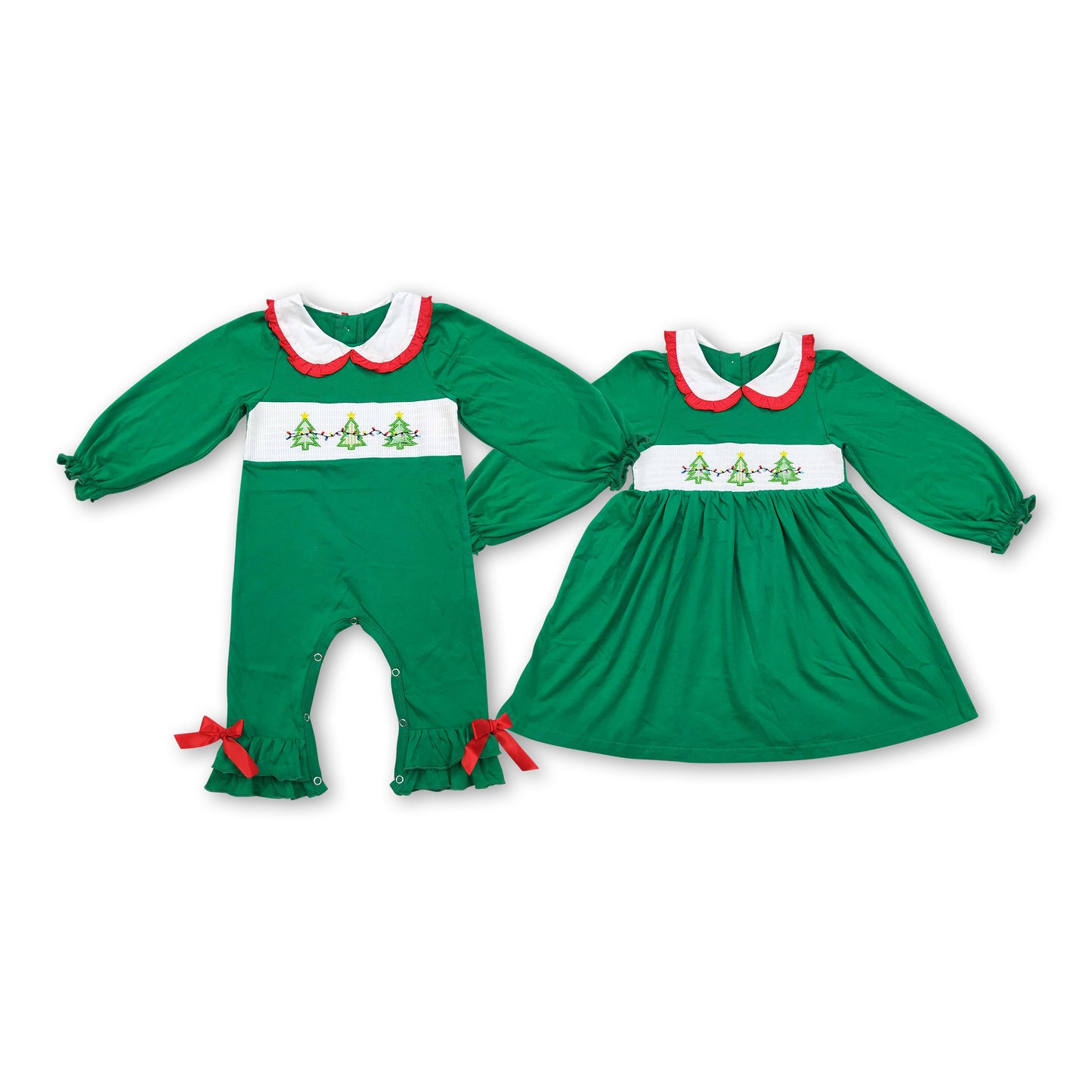 Green smocked Christmas tree baby girls romper