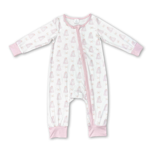 Pink long sleeves dog baby girls zipper romper