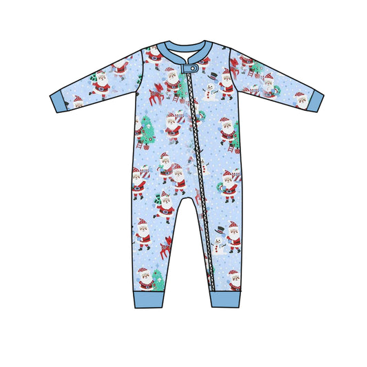 Light blue santa deer baby boy Christmas zipper romper