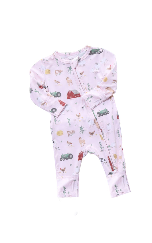 Pink sheep cow chicken baby girl zipper romper