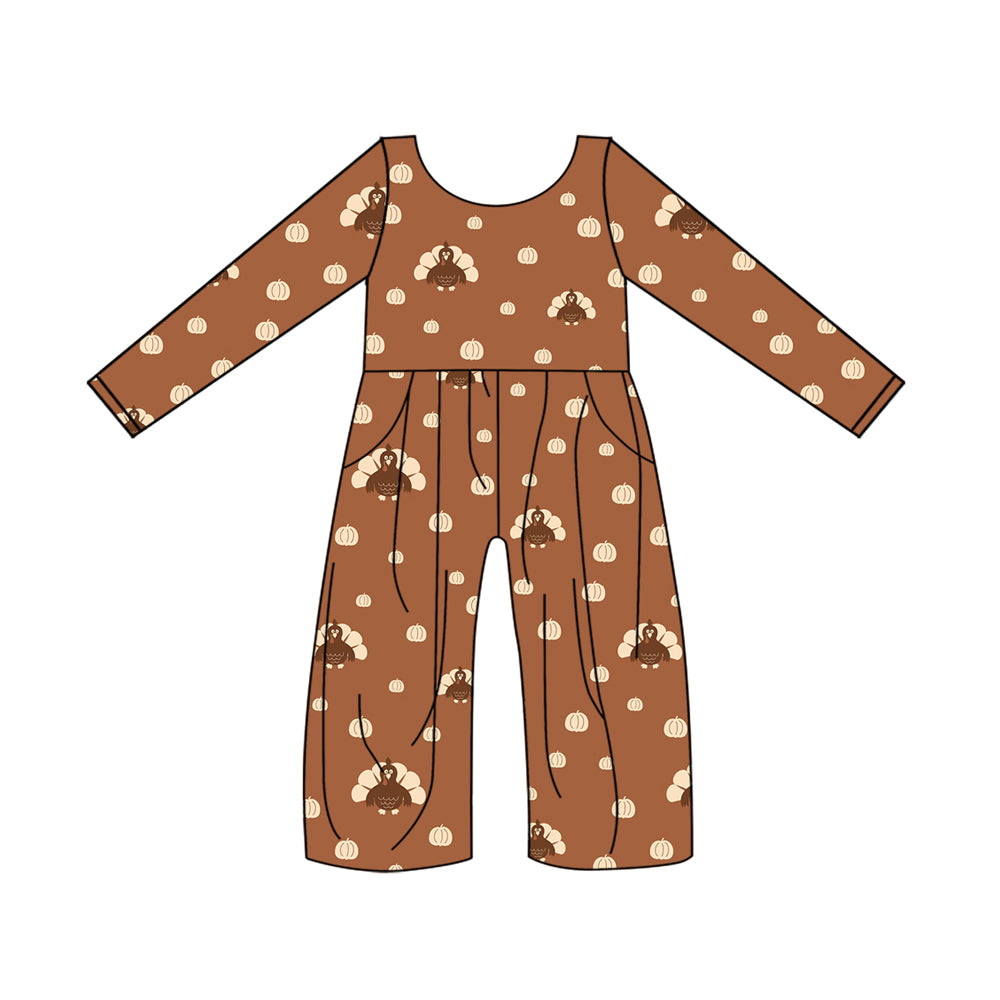 Pumpkin turkey pocket baby girls Thanksgiving jumpsuit