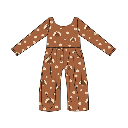 Pumpkin turkey pocket baby girls Thanksgiving jumpsuit