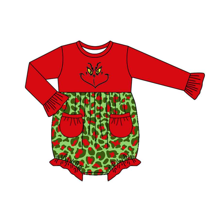 Long sleeves green face leopard baby girls Christmas romper