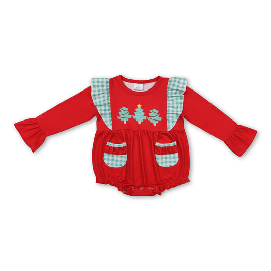 Red long sleeves Christmas tree baby girls romper