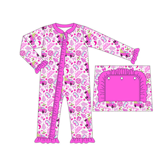 Pink Christmas tree truck baby girls zipper romper