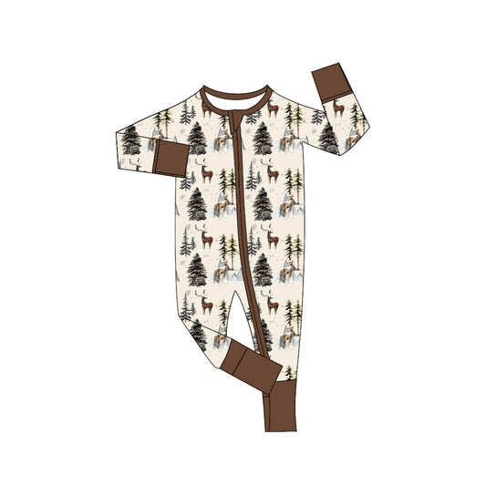 Brown long sleeves deer tree baby kids zipper romper