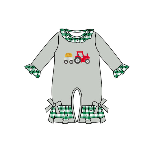 Green plaid long sleeves tractor ruffle baby girl romper