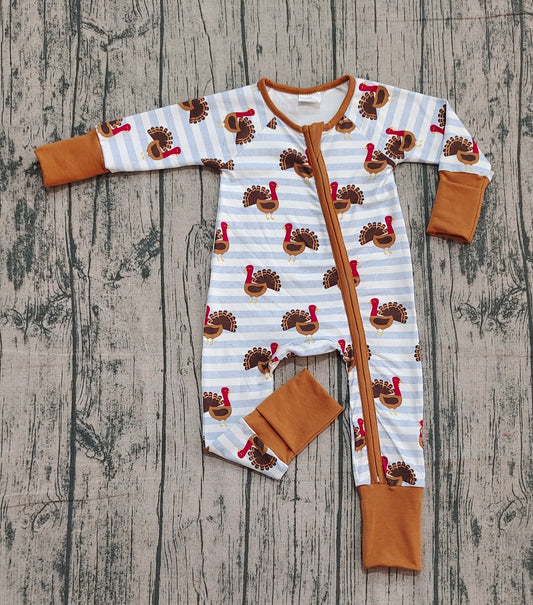 Brown turkey baby boy  zipper Thanksgiving romper